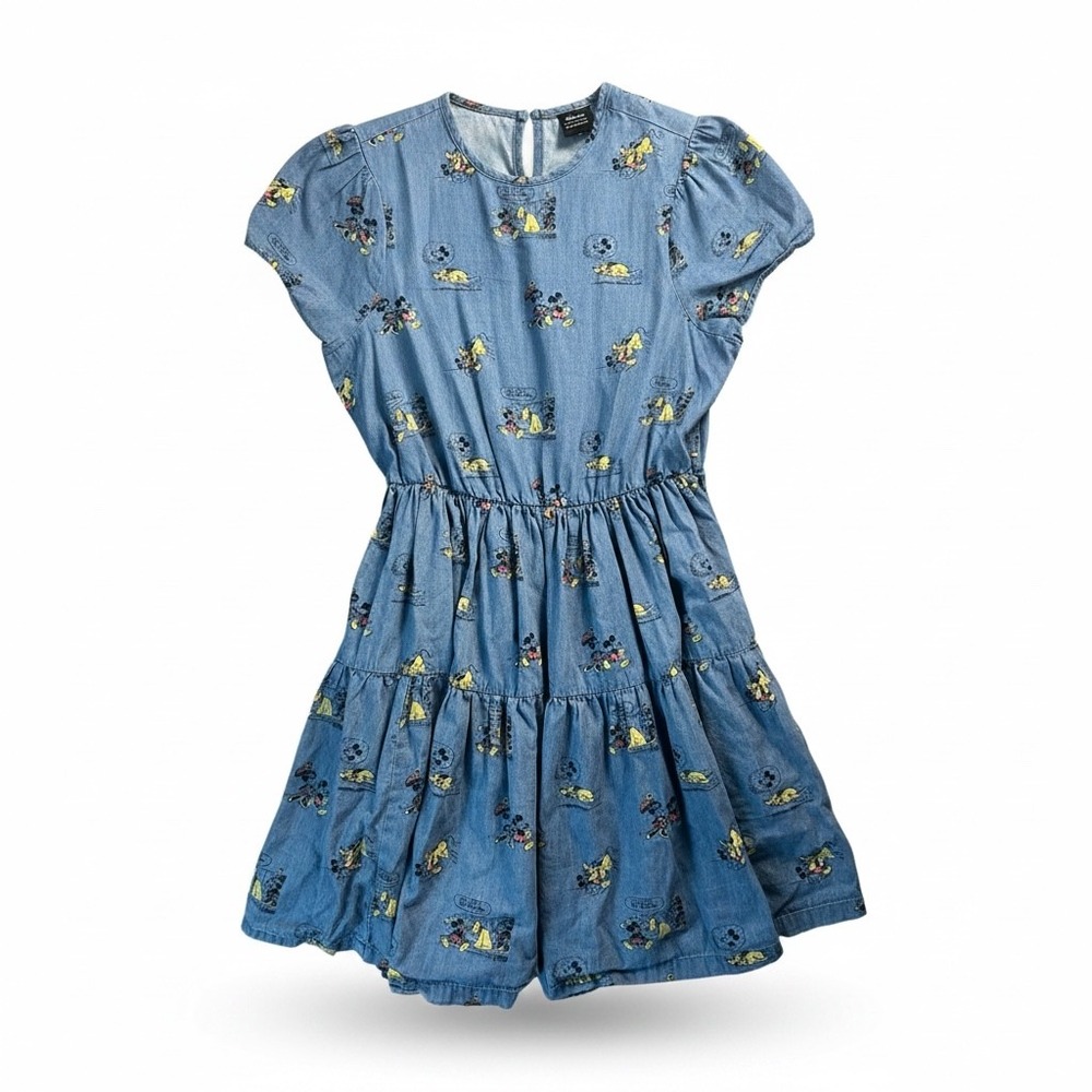 Disney Her Universe Mickey Mouse Pluto Chambray Tiered Dress Blue Kids Small S